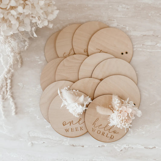 Dried Floral Wooden Baby Milestone Collection - Set of 14 - 10cm